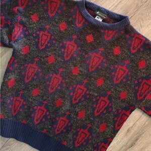 Vintage BRONZINI Mens Sweater XL Black‎ Navy Red Silver Metallic Accents Acrylic